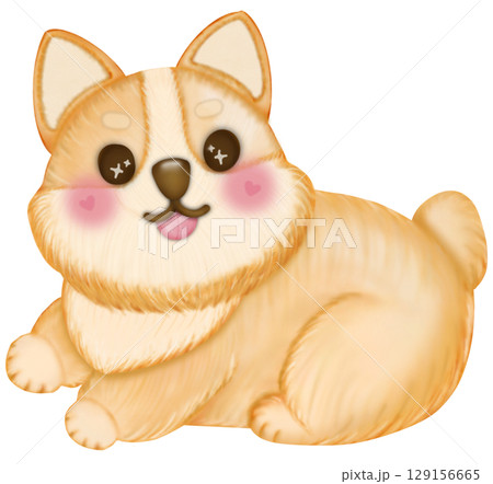 Kawaii playful Corgi and Shiba Inu dogs in various poses. Hand drawn colored  illustration set. 129156665