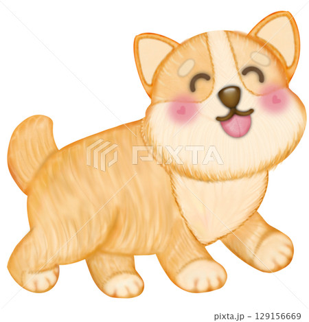 Kawaii playful Corgi and Shiba Inu dogs in various poses. Hand drawn colored  illustration set. 129156669