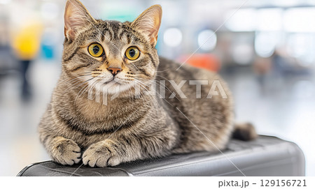 Curious cat relaxing on luggage. Pet travel theme 129156721