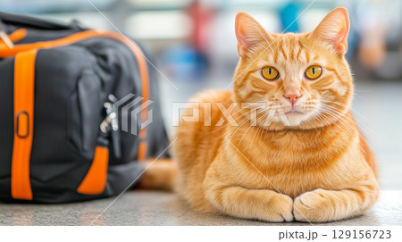 Calm orange cat near bag on blurred transport terminal background. Pet travel concept 129156723