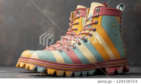 Stylish multi-colored striped boots for trendy fashion or clown look theme 129156724