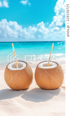 Two coconut drinks with straws against idyllic tropical ocean view. Honeymoon, vacation, and perfect resort concept 129156725