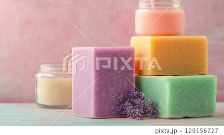 Colorful handmade soap bars and candles with lavender on pastel background 129156727