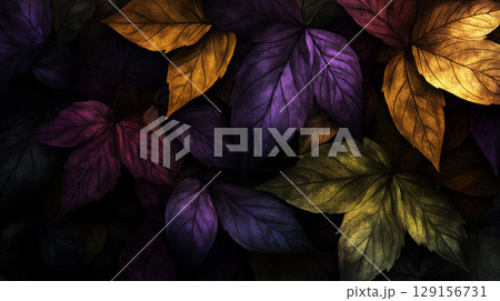 Autumn leaves in rich purple and golden hues. Vibrant foliage pattern for seasonal decoration and design Autumn leaves in rich purple and golden hues. Vibrant foliage pattern for seasonal decoration and design 129156731