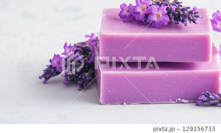 Lavender scented handmade soap with flowers. Organic cosmetics and hobby concepts Lavender scented handmade soap with flowers. Organic cosmetics and hobby concepts 129156733