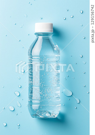 Clear plastic water bottle on light blue background with water droplets for refreshment design 129156742