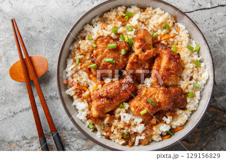 Tori meshi Japanese tradition food chicken and rice closeup in the bowl. Horizontal top view Tori meshi Japanese tradition food chicken and rice closeup in the bowl. Horizontal top view 129156829
