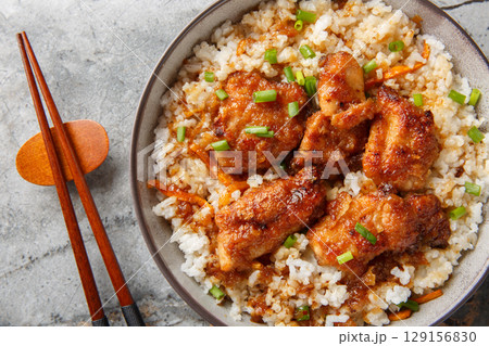 Japanese Tori Meshi chicken with rice in spicy sweet sauce close-up in bowl. Horizontal top view Japanese Tori Meshi chicken with rice in spicy sweet sauce close-up in bowl. Horizontal top view 129156830
