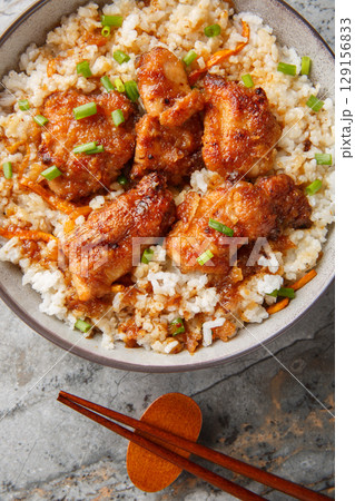 Tori meshi traditional Chicken mixed rice, Japan closeup in the bowl on the table. Vertical top view Tori meshi traditional Chicken mixed rice, Japan closeup in the bowl on the table. Vertical top view 129156833