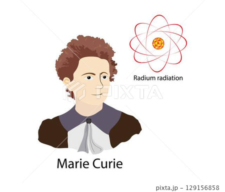 Vector illustration of Marie Curie with a simplified atomic model and text about radium radiation. Ideal for educational and scientific content on famous physicists and chemistry history 129156858