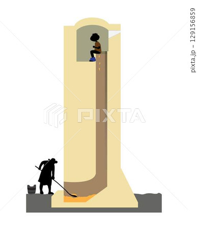 Conceptual vector illustration showing inequality and social hierarchy: one person working hard underground while another sits high above in comfort. A metaphor for class divide and exploitation 129156859