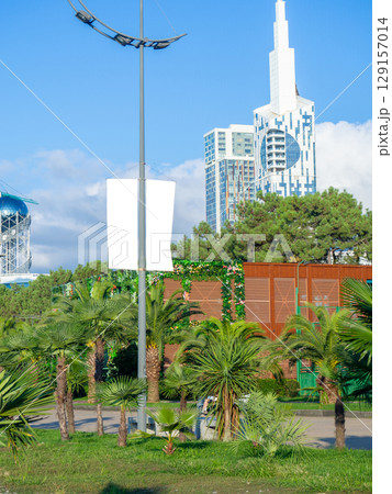 Advertising mockup on a light pole. Resort mockup. Free space for inscription. Advertising mockup on a light pole. Resort mockup. Free space for inscription. 129157014