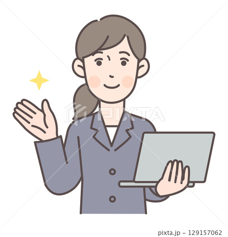 パソコンを持ちながら案内する会社員女性 129157062