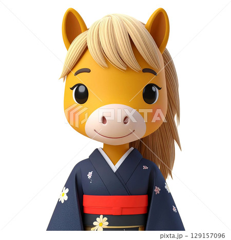 着物を着たかわいい馬の新年キャラクター 129157096