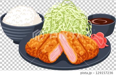 Tonkatsu set meal, vector illustration of Japanese pork cutlet set 129157236