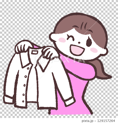 Illustration of a woman spreading her white Y-shirt 129157264