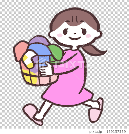 Illustration of a woman moving with laundry 129157359