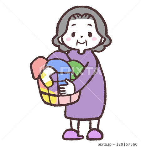 洗濯物持つシニア女性のイラスト 129157360