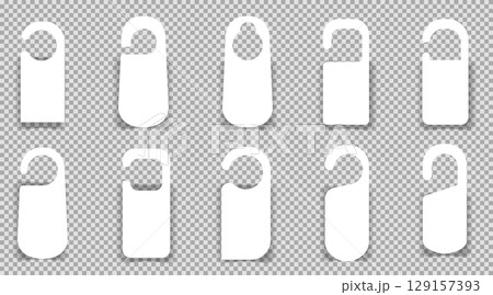 Door hanger do not disturb template. Hotel tag silhouette, set sign, blank. Die empty label hanger on door hotel room. Cardboard signs isolated on white background 129157393