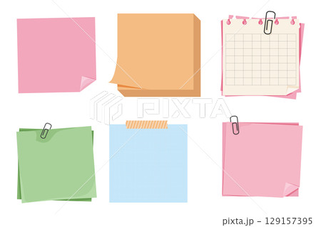 Memo sheets, postit notes, torn labels and taped pages. Sticky planner elements, checklist and list paper for scrapbooking or school. Template set. White and craft paper. 129157395