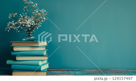 Bouquet of white flowers on top of a stack of books against an empty green-painted background 129157497