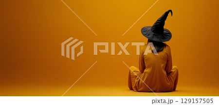 Woman in an orange dress and black witch hat sits with her back to the viewer, set against a vibrant orange backdrop. Halloween-themed banner with ample empty space 129157505