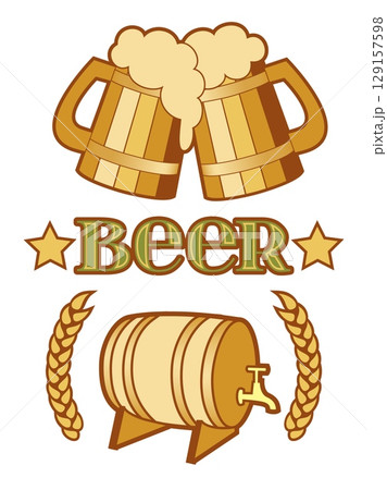 Beer symbols set with toasting beer mugs, beer wooden barrel and wheat 129157598