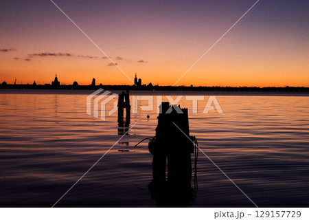 Hanse city Stralsund silhouette in the evening 129157729