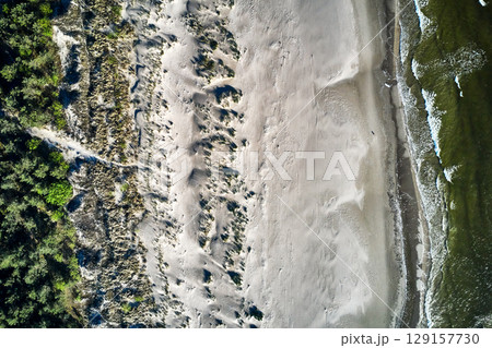 topdown drone view of a baltic sandy beach 129157730