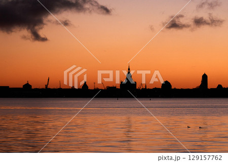 Hanse city Stralsund silhouette in the evening 129157762