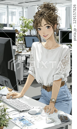 自分のデスクで笑顔のビジネスウーマンのイラスト素材 129157826