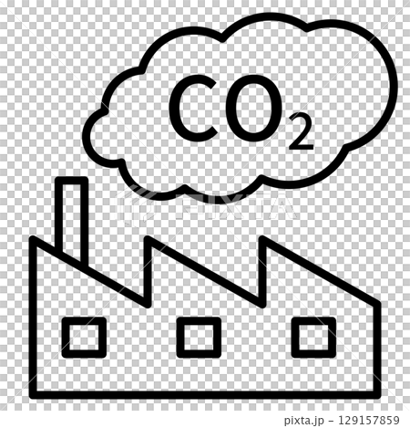 A simple line drawing icon of CO2 (carbon dioxide) emitted from a factory 129157859