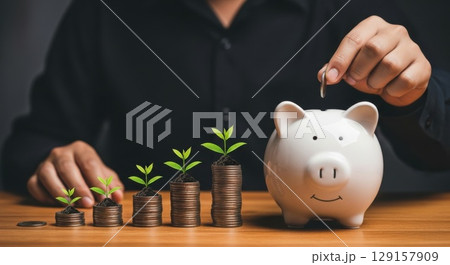 woman putting coin into piggy bank woman putting coin into piggy bank 129157909