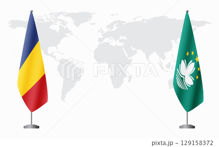 Romania and Macau flags for official meeting 129158372