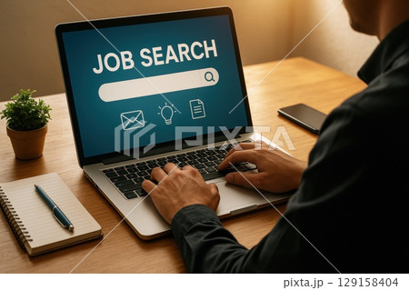 man working on laptop network graphic overlay 129158404