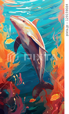 A sleek dolphin glides effortlessly in clear waters, surrounded by vibrant coral and small fish. Sunlight filters through, creating a serene and colorful underwater environment. 129159084