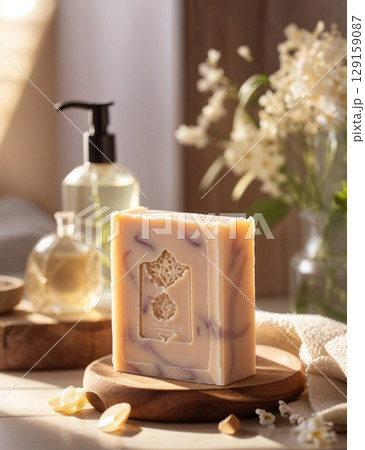 Organic handmade soap in a home environment with beautiful light. 129159087