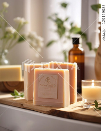 Organic handmade soap in a home environment with beautiful light. 129159088