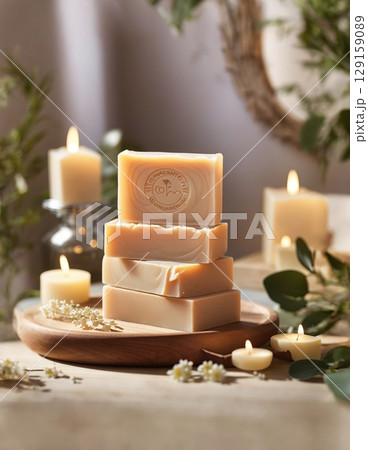 Organic handmade soap in a home environment with beautiful light. 129159089