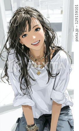 お辞儀しながら挨拶をする笑顔の若い女性のイラスト素材 129159101