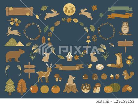 秋のお月見を楽しむ森の動物のイラストセット 129159152