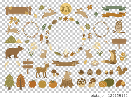 一組森林動物享受秋日賞月的插圖 129159152