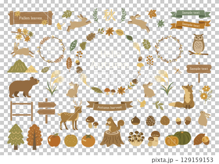 Autumn leaves and forest animals illustration set 129159153