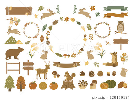 秋の紅葉と森の動物のイラストセット 129159154