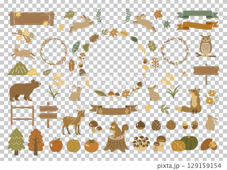秋の紅葉と森の動物のイラストセット 129159154