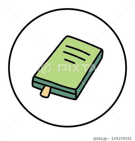 Doodle book with bookmark icon hand drawn with thin line in minimalistic style and colored Doodle book with bookmark icon hand drawn with thin line in minimalistic style and colored 129159181