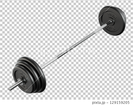 Cast Iron Adjustable Barbell with plates, weightlifting gym equipment, side view 129159205