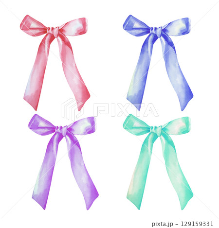 A set of colorful bows, hand-drawn in watercolor. The illustration of the festive decor is highlighted on a white background. An element for postcards, invitations, and greetings. A set of colorful bows, hand-drawn in watercolor. The illustration of the festive decor is highlighted on a white background. An element for postcards, invitations, and greetings. 129159331
