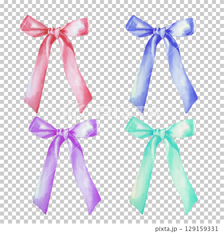 A set of colorful bows, hand-drawn in watercolor. The illustration of the festive decor is highlighted on a white background. An element for postcards, invitations, and greetings. A set of colorful bows, hand-drawn in watercolor. The illustration of the festive decor is highlighted on a white background. An element for postcards, invitations, and greetings. 129159331