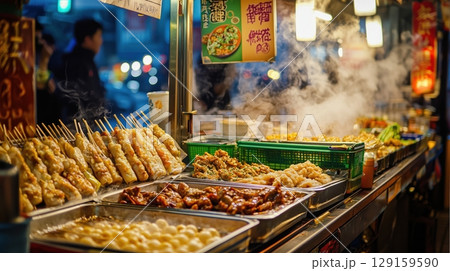 台湾夜市の熱気あふれる屋台グルメ風景 129159590